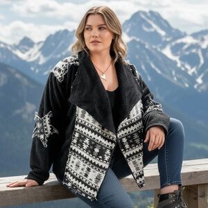 POL Black Aztec Sherpa Jacket Star Patch Boho Cozy Open Front – Size M